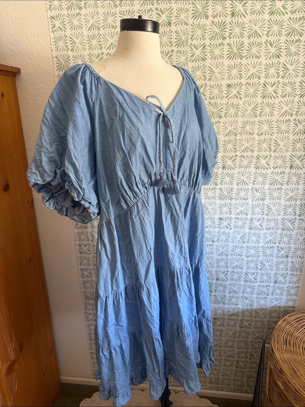 Light Blue Tiered Cotton Dress with Puff Sleeves
